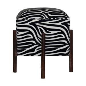 Solid Walnut Finished Mango Wood Zebra Printed Velvet Footstool