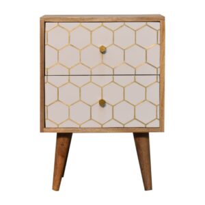 Solid Mango Wood Oak Finished White Front with Brass Inlay 2 Drawer Cassia Bedside