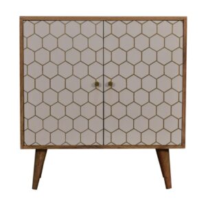 Solid Mango Wood Honeycomb Patterned White Front with Brass Inlay Cassia Cabinet