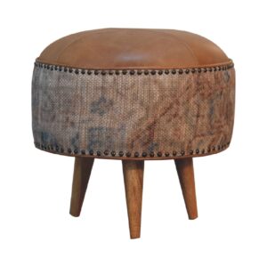 Solid Mango Wood Tan Buffalo Leather Boucle Stool