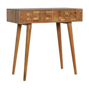 Solid Mango Wood Oak Finished 2 Tile Front Drawer Desk