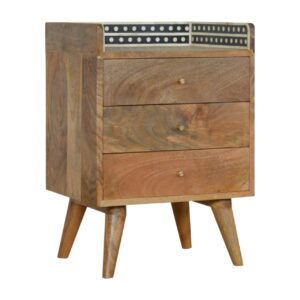 Solid Mango Wood Oak Finished Bone Inlay Gallery Back 3 Drawer Bedside