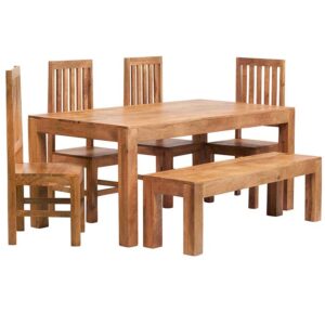 Toko Light Mango 6 FT Dining Set with Bench & 4 Slatted Chairs