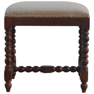 Solid Mango Wood Light Walnut Finished with White Linen Upholstery Stool