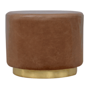 Solid Mango Wood Brown Buffalo Leather Footstool with Gold Painted Base Large Footstool