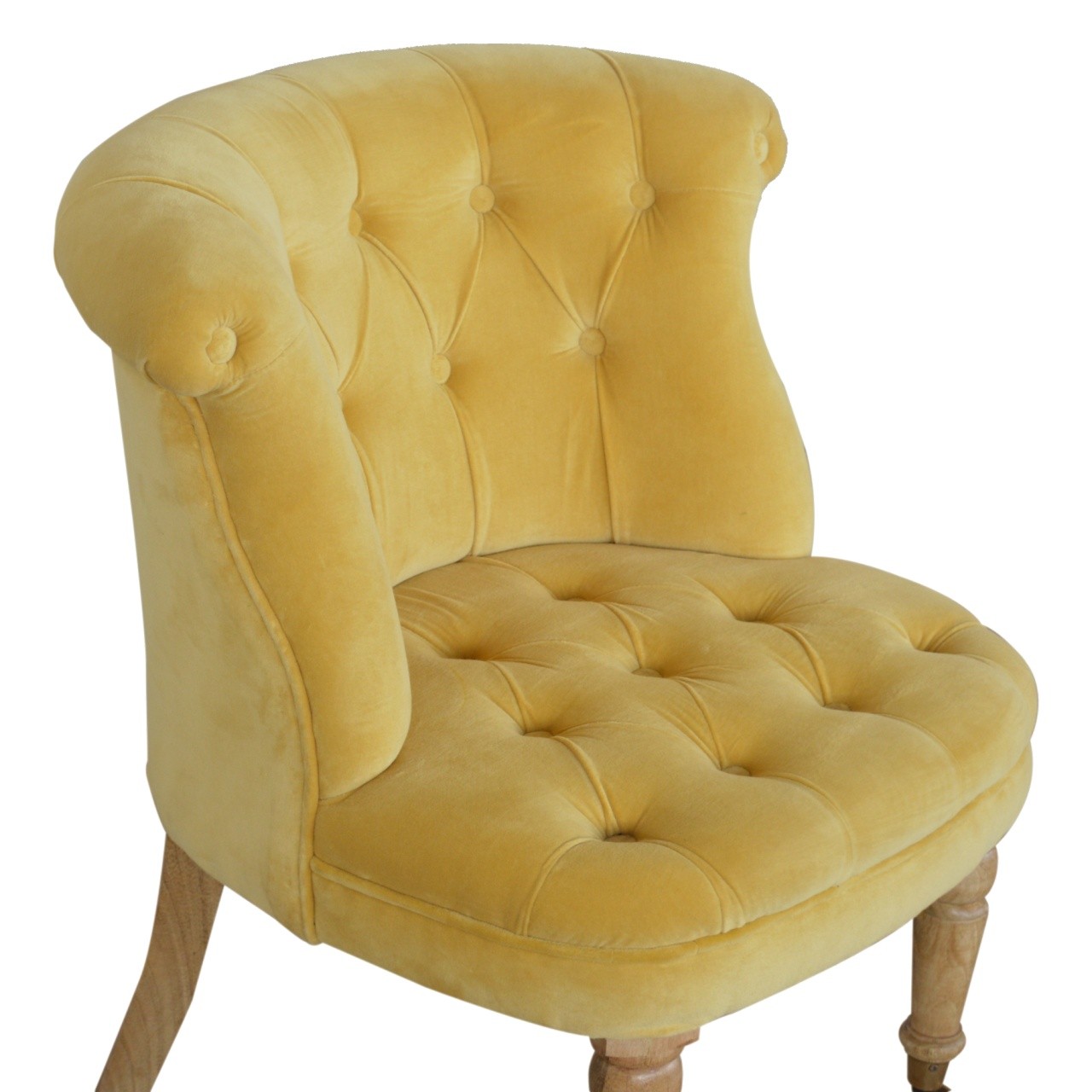 Solid Mango Oak Finished Wood Legs Mustard Cotton Velvet Upholstered Deep Button Accent Chair