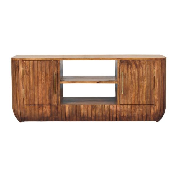 Solid Mango Wood Fluted Media Console with Shelves