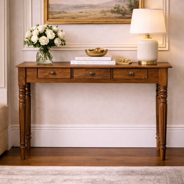 Solid Mango Wood Three Drawer Console with Turned Legs