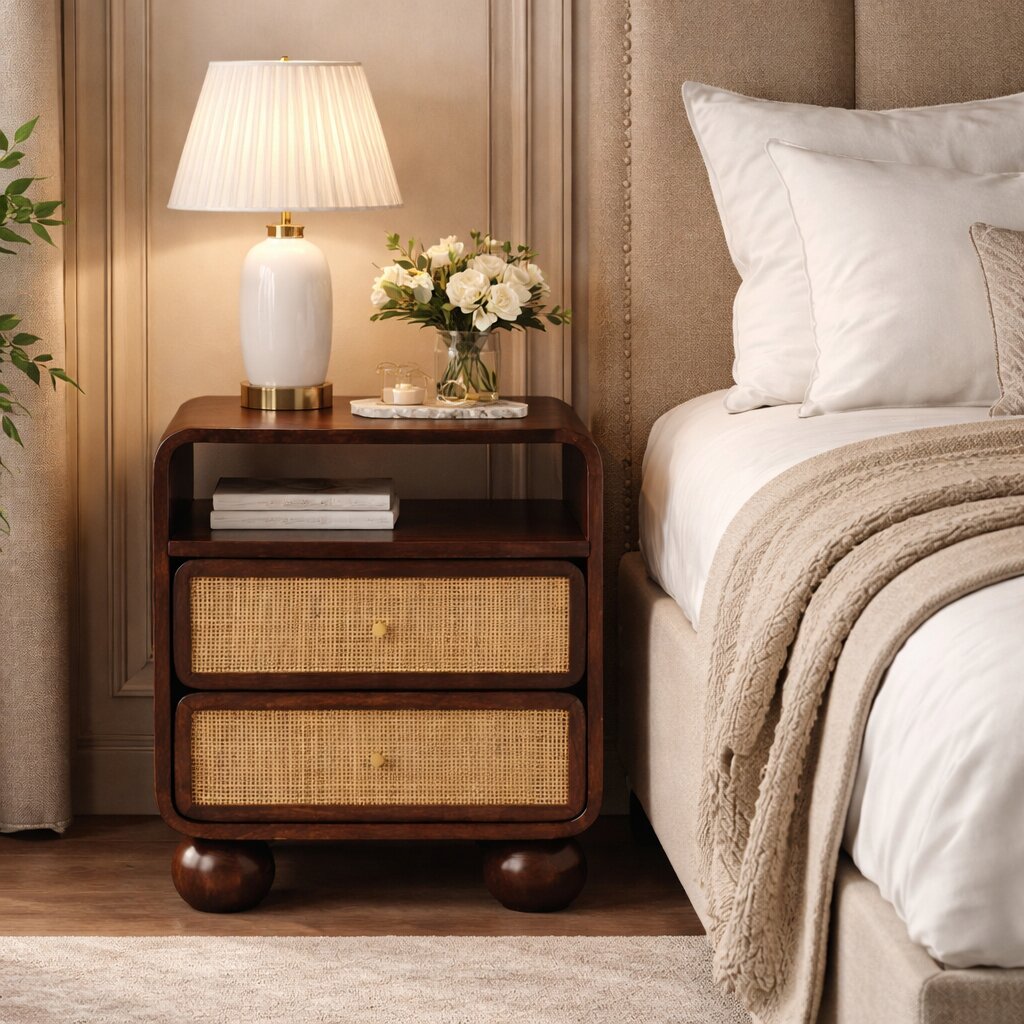 Solid Mango Wood California Walnut Rattan Bedside
