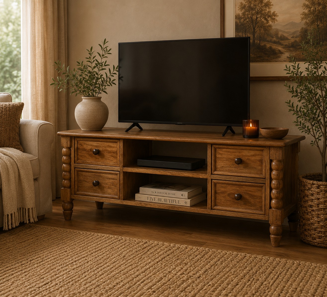 Solid Mango Wood Amber Oak Finished 4 Drawer Spindle Media Unit