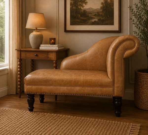 Solid Mango Wood Tan Leather Heritage Chaise