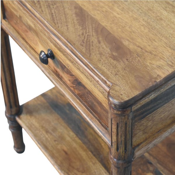 Solid Mango Wood Amber Oak Finished 1 Drawer Heritage Column Side Table - Image 7
