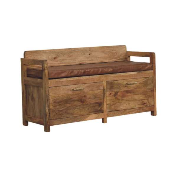 Oakish Storage Bench with Brown Leather Seat - Image 2