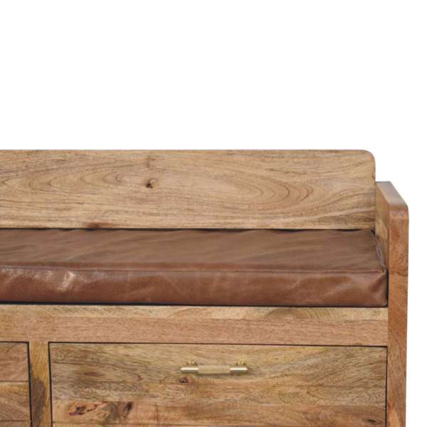 Oakish Storage Bench with Brown Leather Seat - Image 4