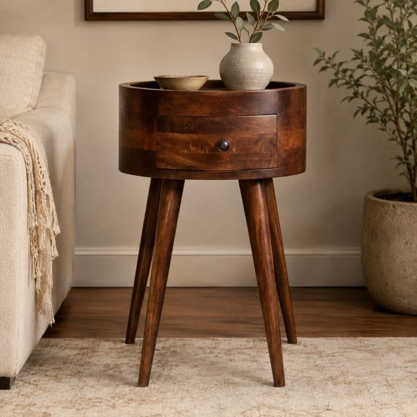 Solid Mango Wood Roasted Almond Finished Halo 1 Drawer Side Table