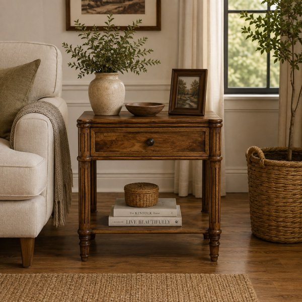 Solid Mango Wood Amber Oak Finished 1 Drawer Heritage Column Side Table