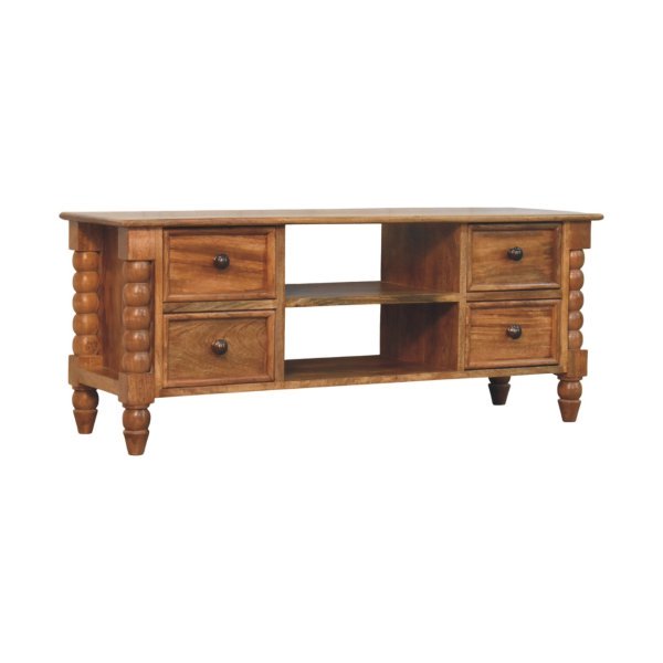 Solid Mango Wood Amber Oak Finished 4 Drawer Spindle Media Unit - Image 4
