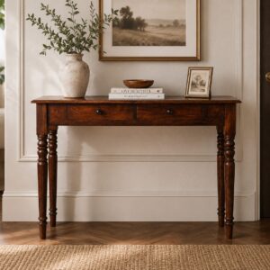 Solid Mango Wood Heritage Chestnut Finish Turned-Leg Console Table