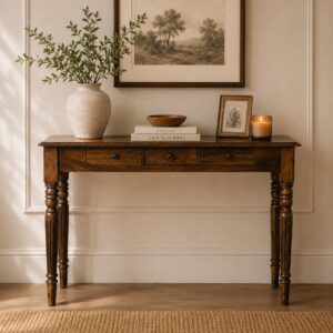 Solid Mango Wood California Walnut Finished Manor Spindle Legs 3 Drawer Console Table