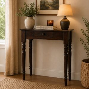 Solid Mango Wood California Walnut Finished Spindle Legs Accent 1 Drawer Console Table