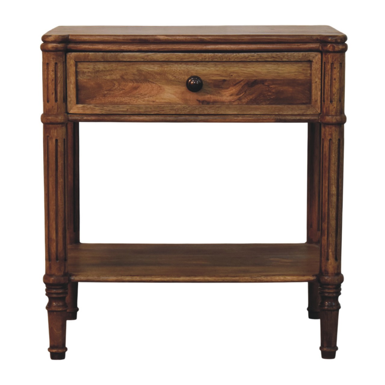 Solid Mango Wood Amber Oak Finished 1 Drawer Heritage Column Side Table - Image 3
