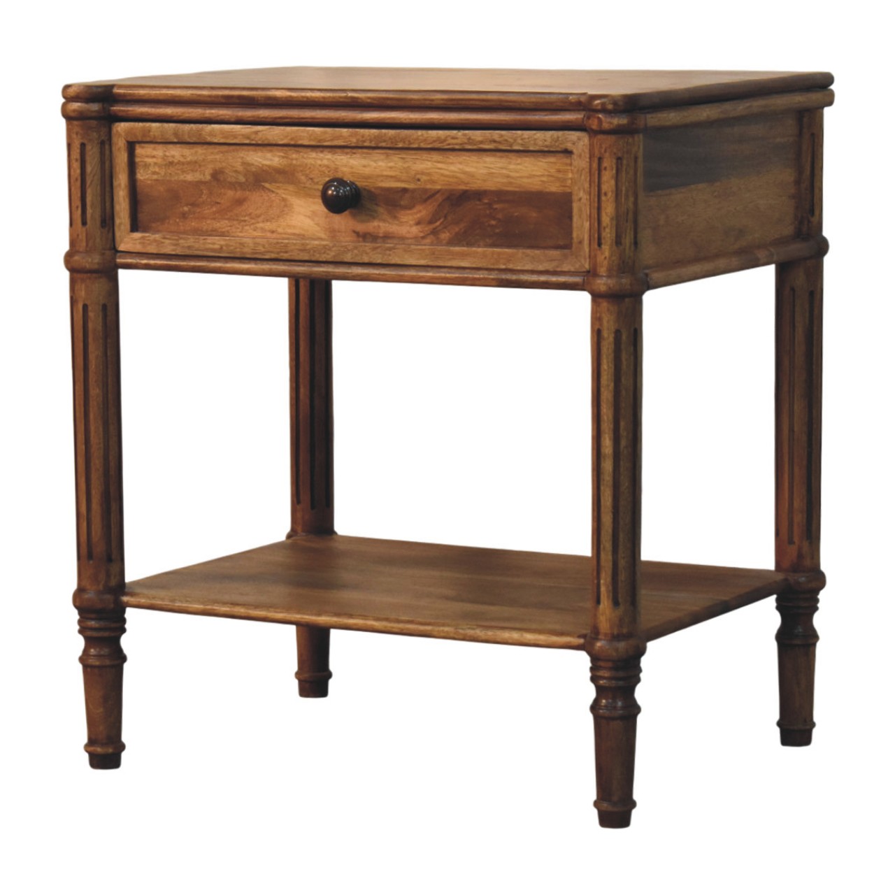 Solid Mango Wood Amber Oak Finished 1 Drawer Heritage Column Side Table - Image 4