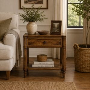 Solid Mango Wood Amber Oak Finished 1 Drawer Heritage Column Side Table