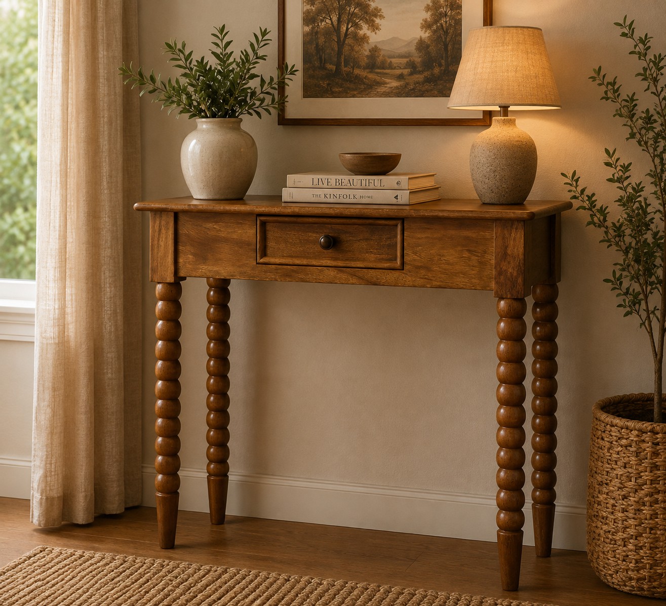 Solid Mango Wood Amber Oak Finished 1 Drawer Spindle Console Table