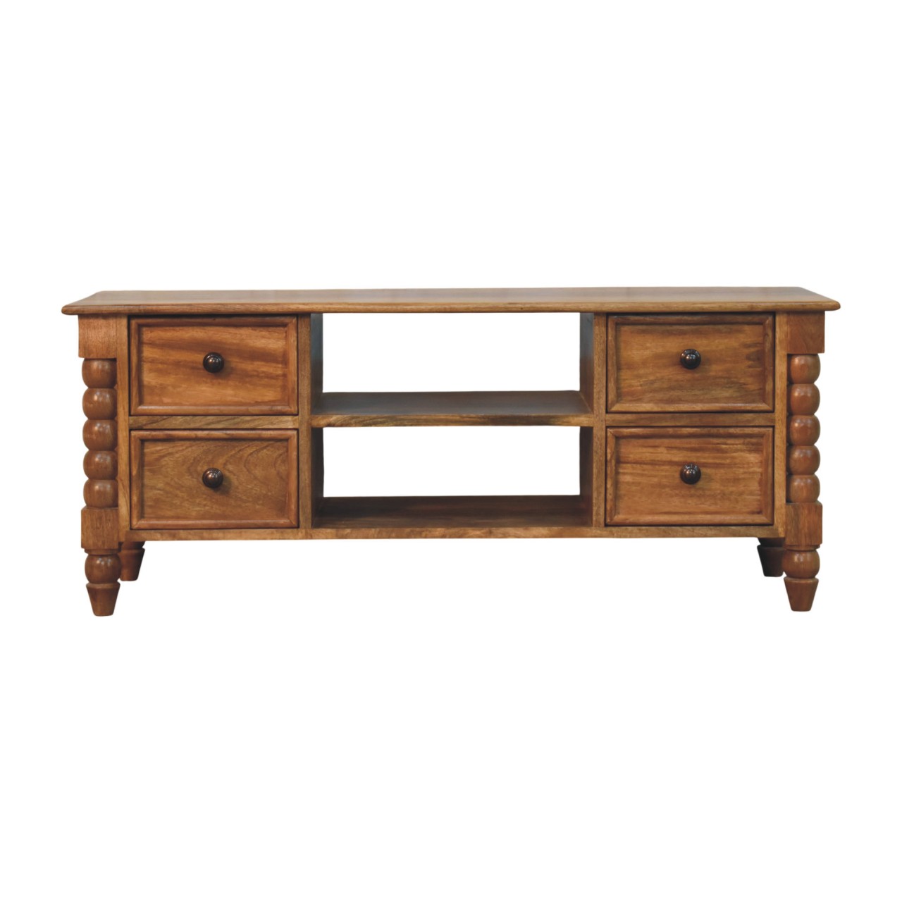 Solid Mango Wood Amber Oak Finished 4 Drawer Spindle Media Unit - Image 3