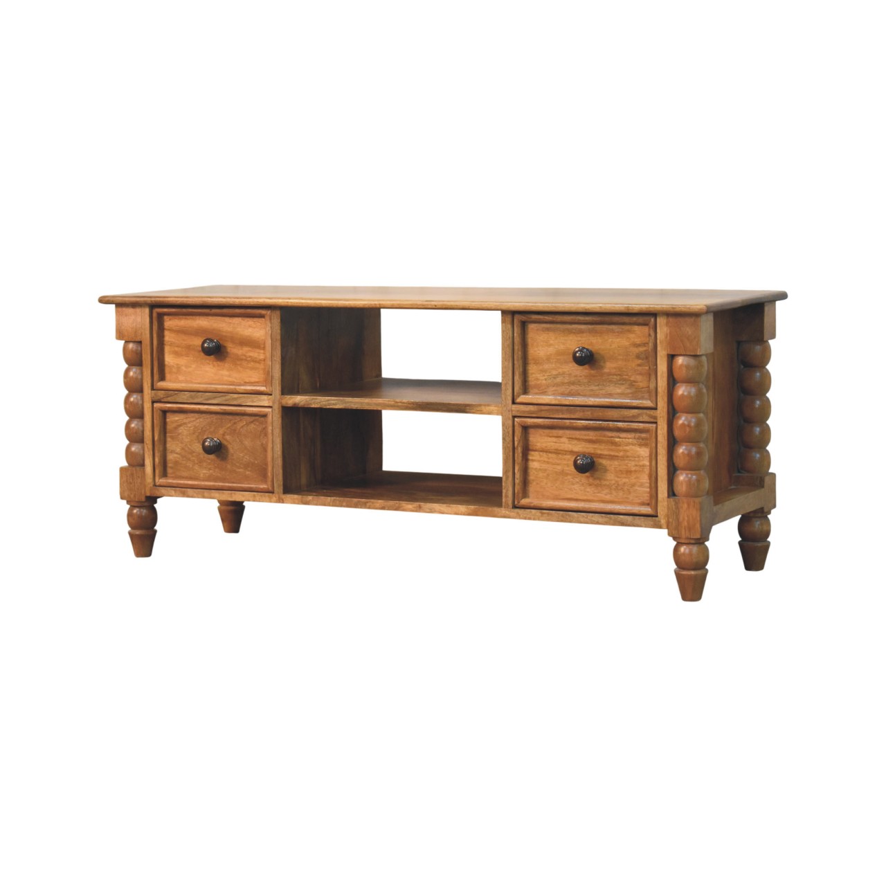 Solid Mango Wood Amber Oak Finished 4 Drawer Spindle Media Unit - Image 5