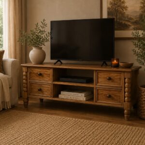 Solid Mango Wood Amber Oak Finished 4 Drawer Spindle Media Unit