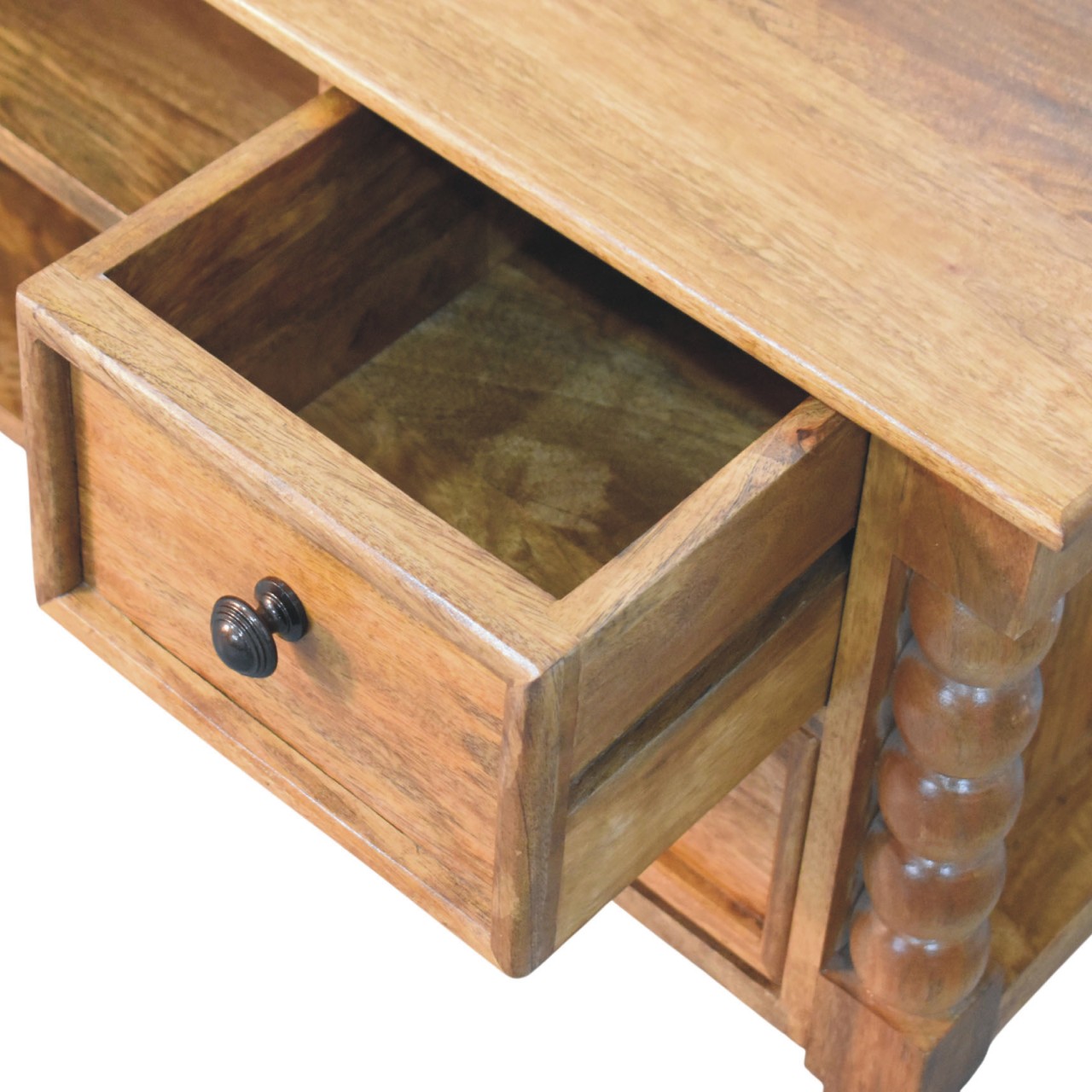 Solid Mango Wood Amber Oak Finished 4 Drawer Spindle Media Unit - Image 8