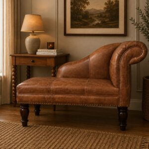 Solid Mango Wood Brown Leather Heritage Chaise