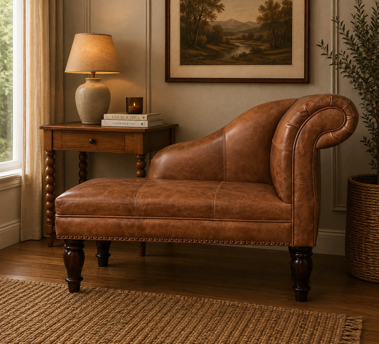 Solid Mango Wood Brown Leather Heritage Chaise