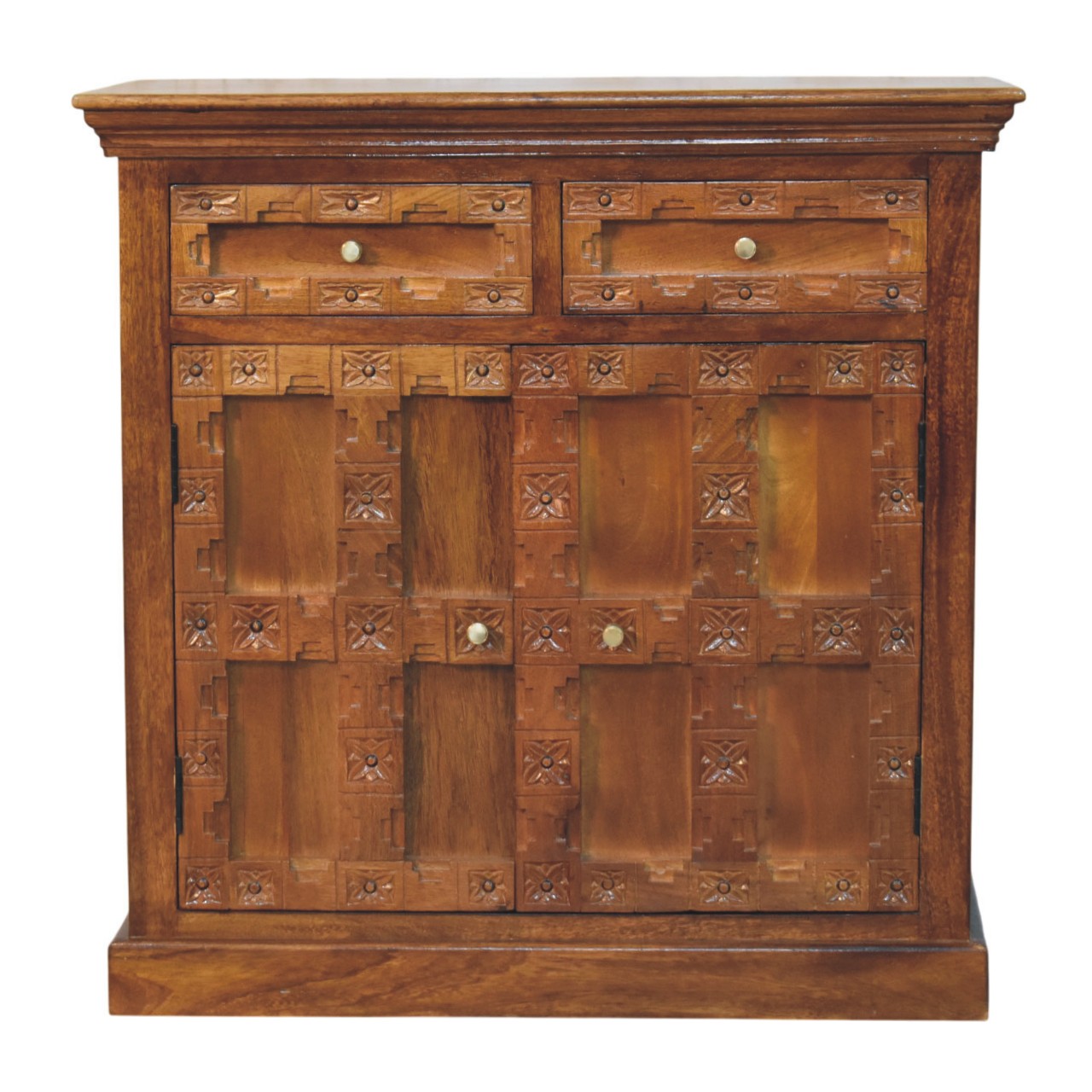 Solid Mango Wood Amber Oak Finished Heritage Carved 2 Drawer 2 Door Cabinet - Image 3