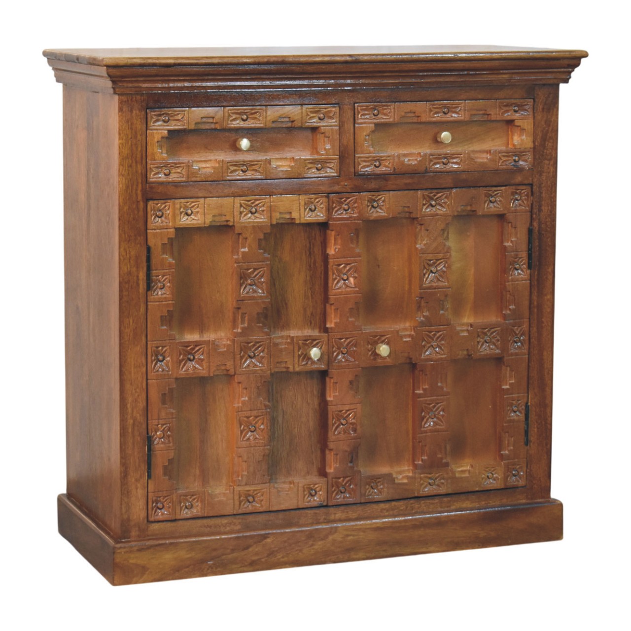 Solid Mango Wood Amber Oak Finished Heritage Carved 2 Drawer 2 Door Cabinet - Image 4