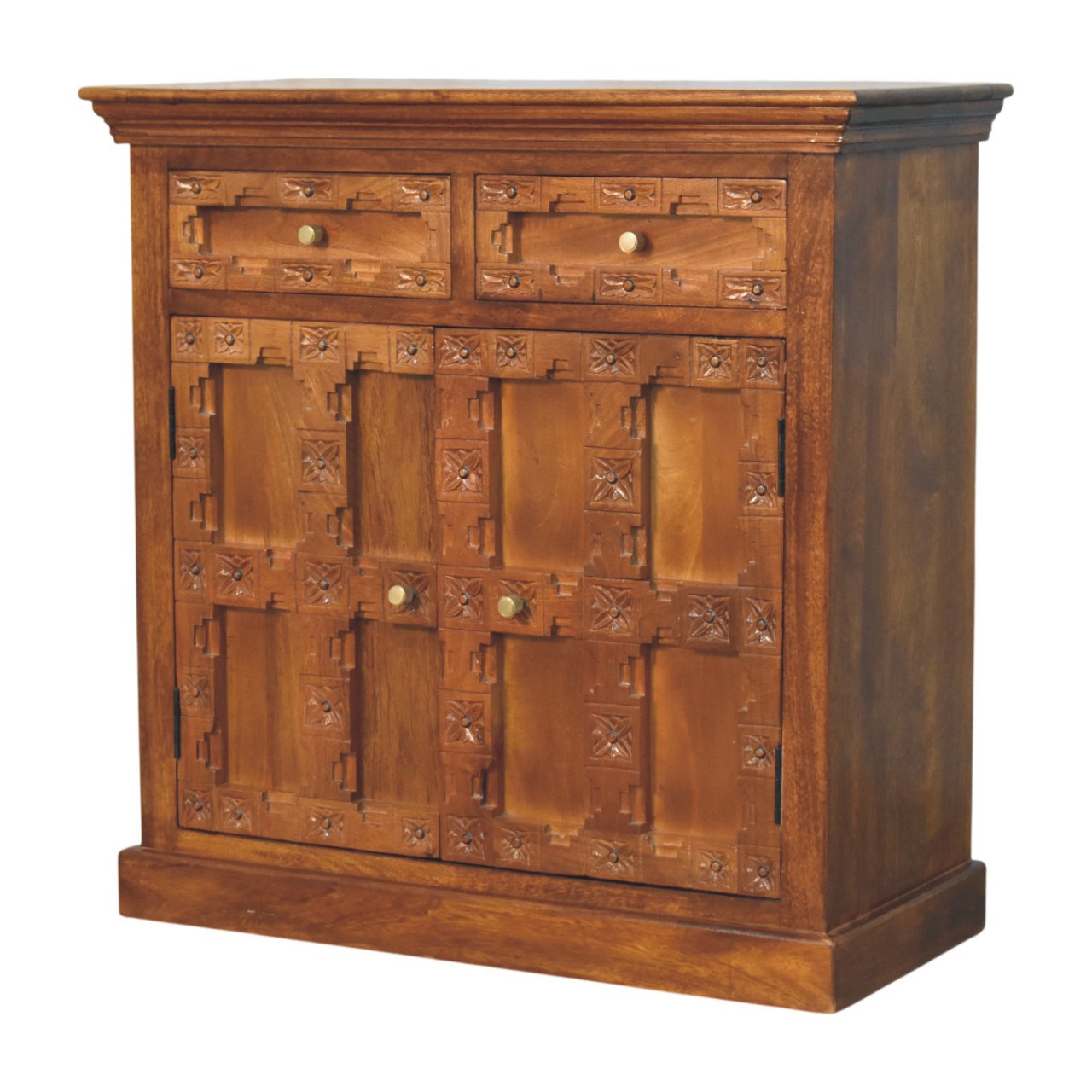 Solid Mango Wood Amber Oak Finished Heritage Carved 2 Drawer 2 Door Cabinet - Image 5