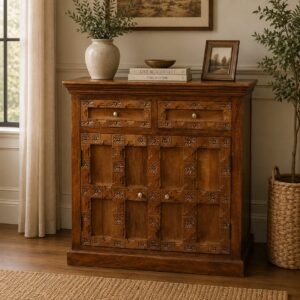 Solid Mango Wood Amber Oak Finished Heritage Carved 2 Drawer 2 Door Cabinet
