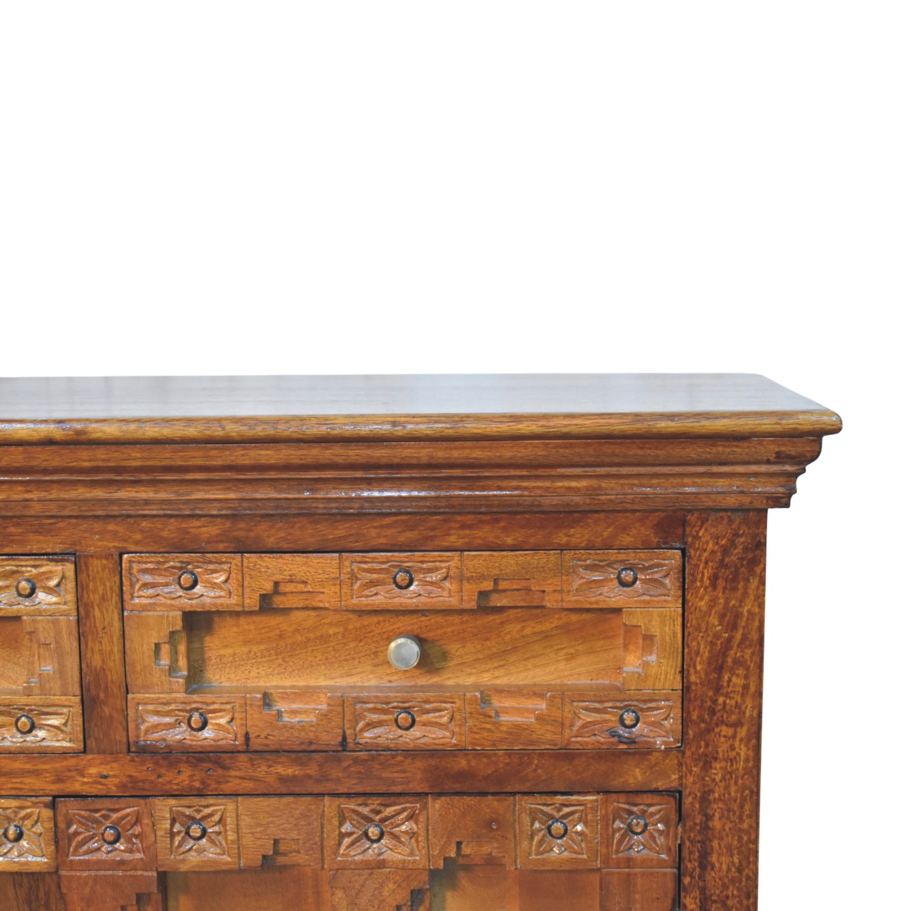 Solid Mango Wood Amber Oak Finished Heritage Carved 2 Drawer 2 Door Cabinet - Image 6