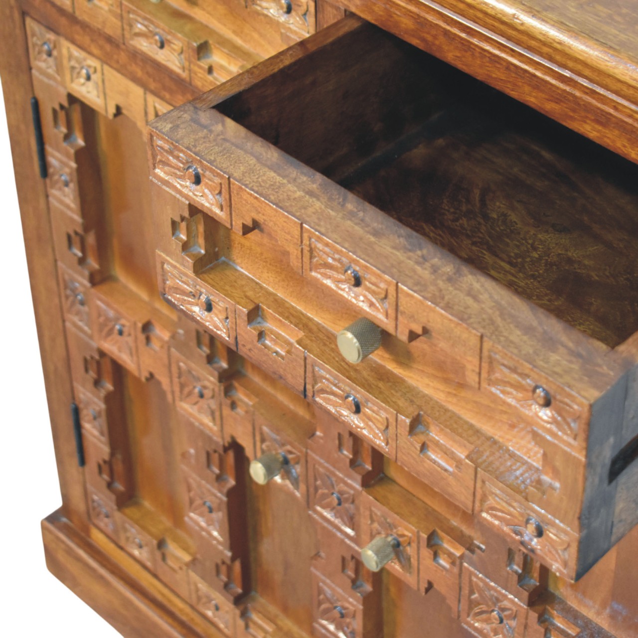 Solid Mango Wood Amber Oak Finished Heritage Carved 2 Drawer 2 Door Cabinet - Image 8