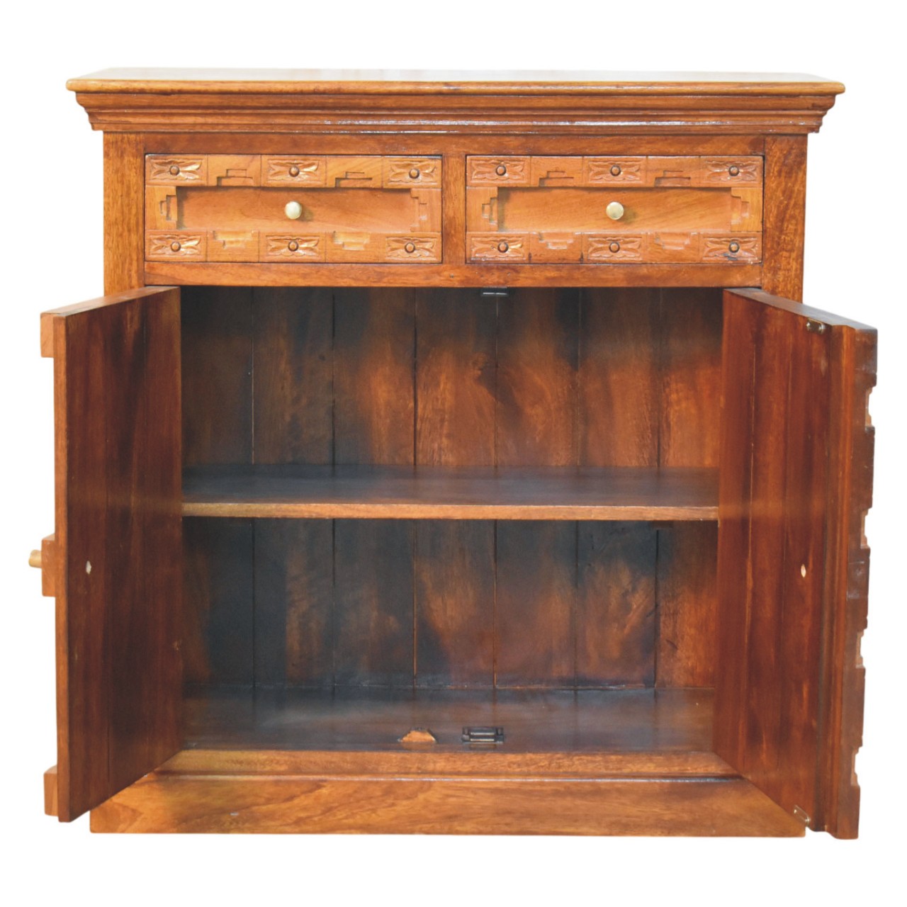 Solid Mango Wood Amber Oak Finished Heritage Carved 2 Drawer 2 Door Cabinet - Image 10