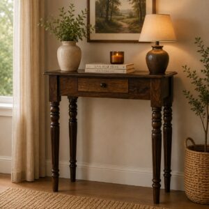 Solid Mango Wood Classic Grey Finished Spindle Legs Hall 1 Drawer Console Table