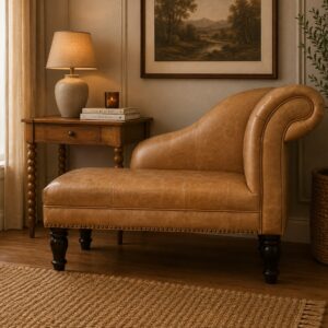 Solid Mango Wood Tan Leather Heritage Chaise