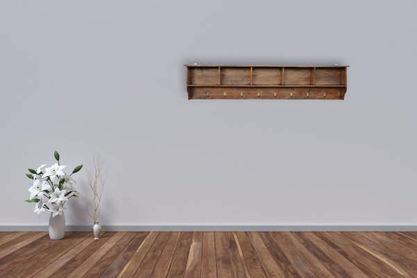 Solid Mango Wood Oak Finished Floating Hook Storage Unit