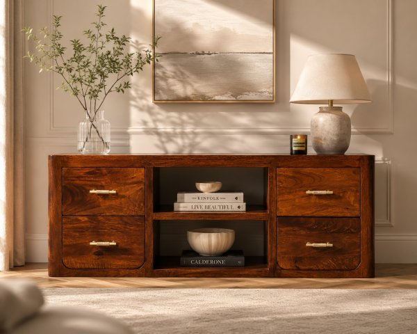 Solid Mango Wood Chestnut Finished 4 Drawer 2 Slots Luca Media Unit