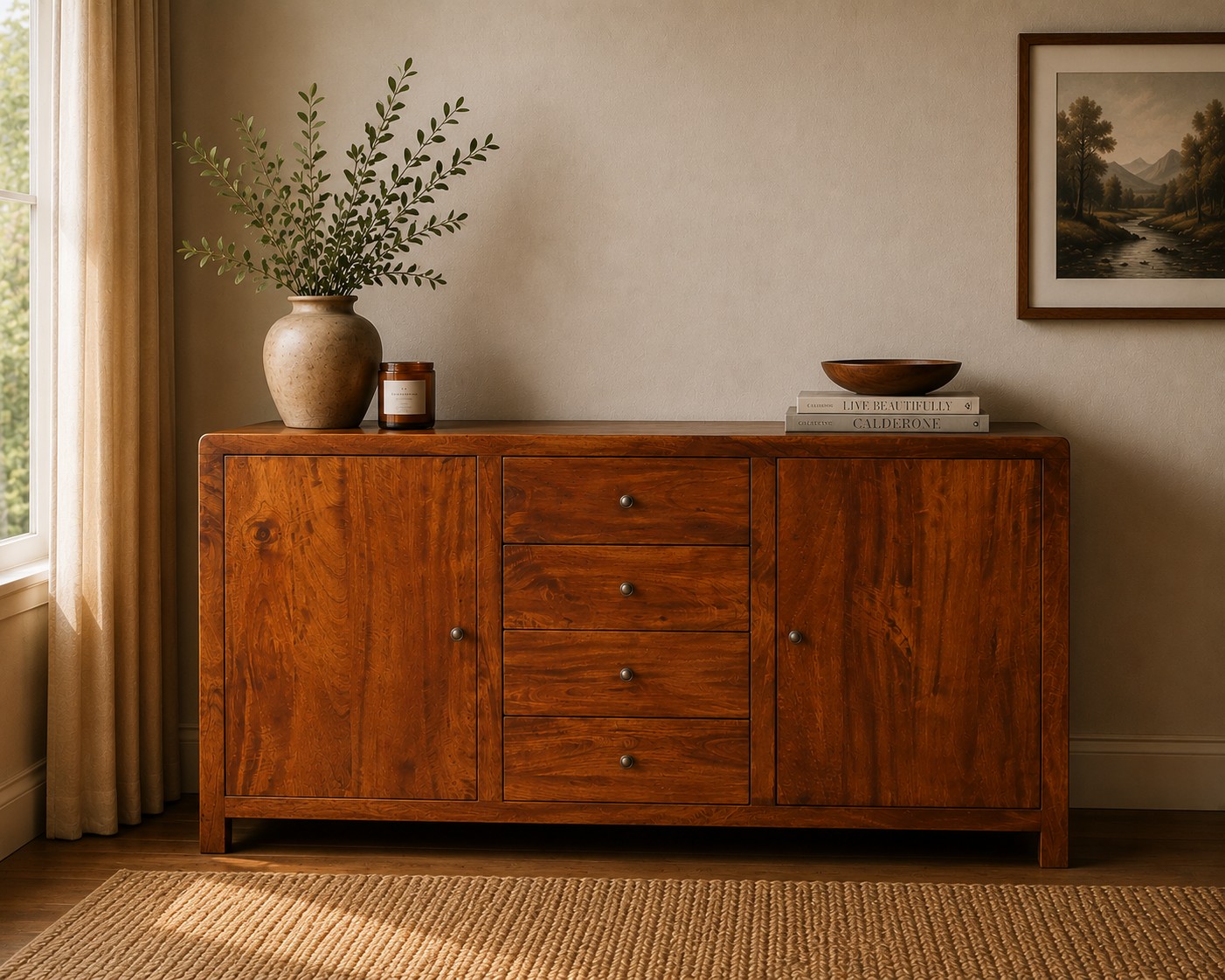 Solid Mango Wood Chestnut Finished 4 Drawers 2 Doors Aspen Sideboard