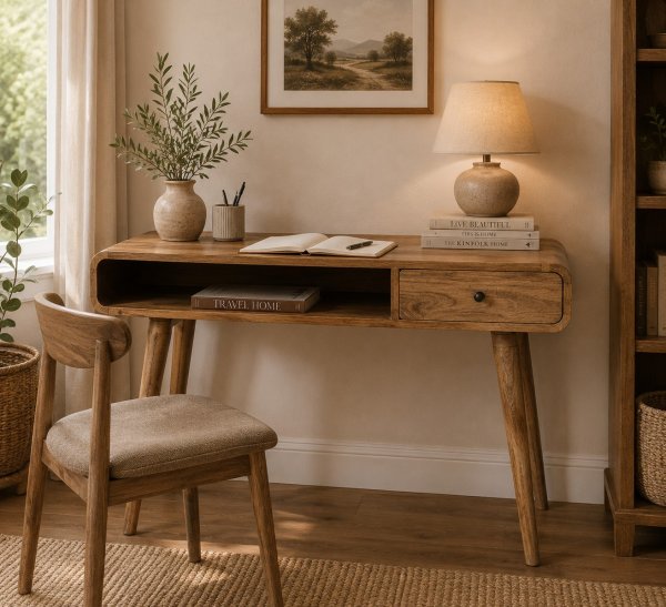 Solid Mango Wood Oak Finished 1 Drawer 1 Slot Curved Writing Desk