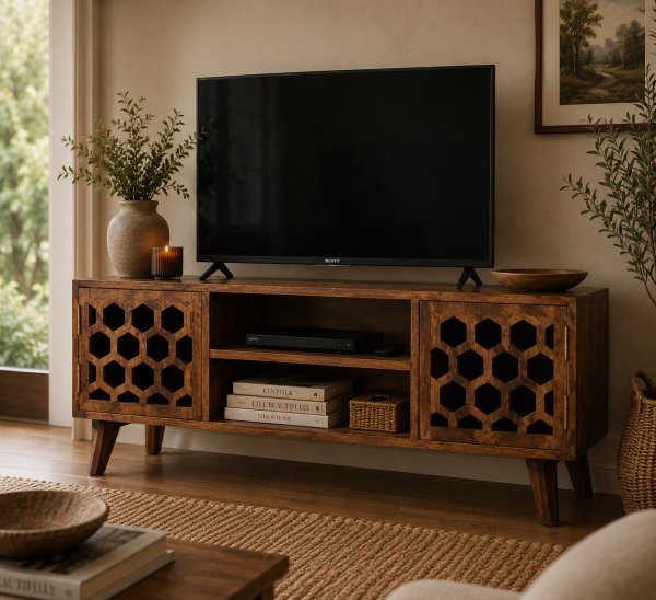 Solid Mango Wood Chestnut Finished 2 Door 2 Slot Honeycomb Patterned Media Unit
