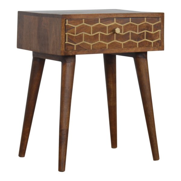 Solid Mango Wood Chestnut Finished 1 Drawer Gold Art Pattern Bedside