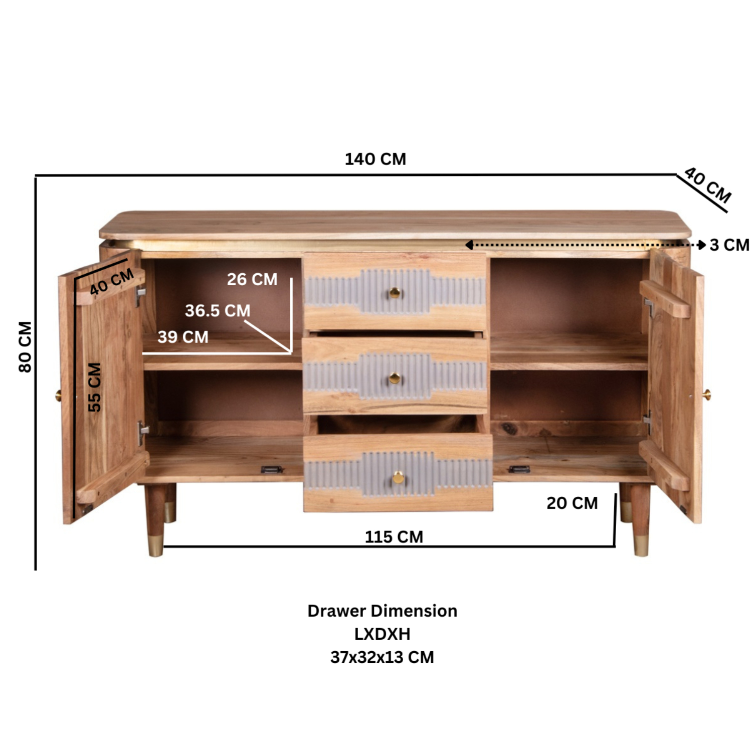 Wilton Acacia Wood 2 Doors 3 Drawers Sideboard - Image 5